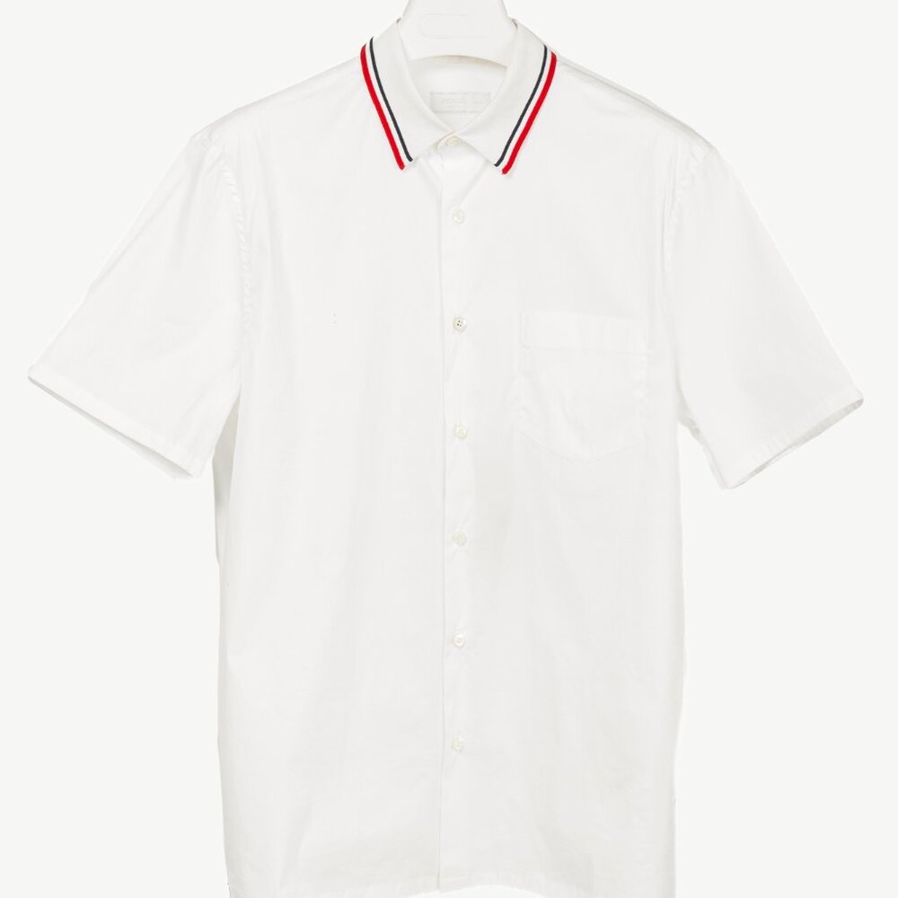 Prada Bianco Popeline Stretch Striped-Collar Short-Sleeve Buttoned Shirt